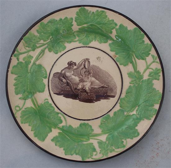 A Davenport Drabware supper dish and two plates and a Staffordshire Drabware dessert dish and two plates, early 19th century, dish 24.5